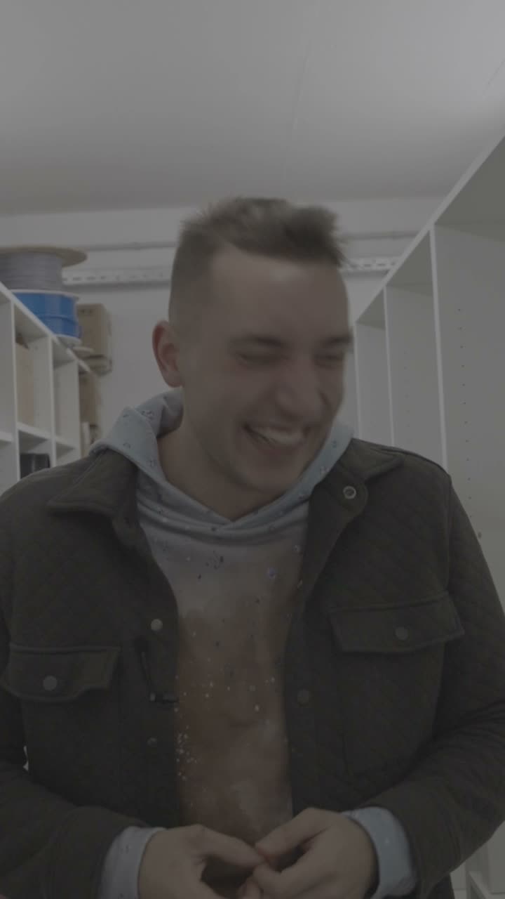 Raw ungraded footage of the founder mid-take in a workshop, breaking from composed delivery into a genuine laugh.