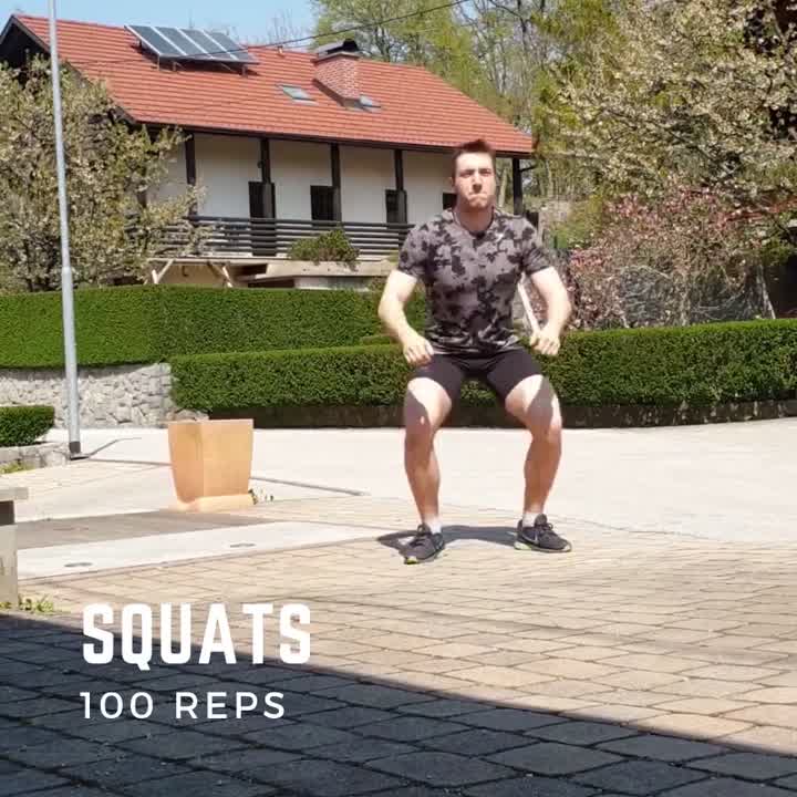 A square gym clip from a real client series: outdoor squats with a burned-in SQUATS 100 REPS title.