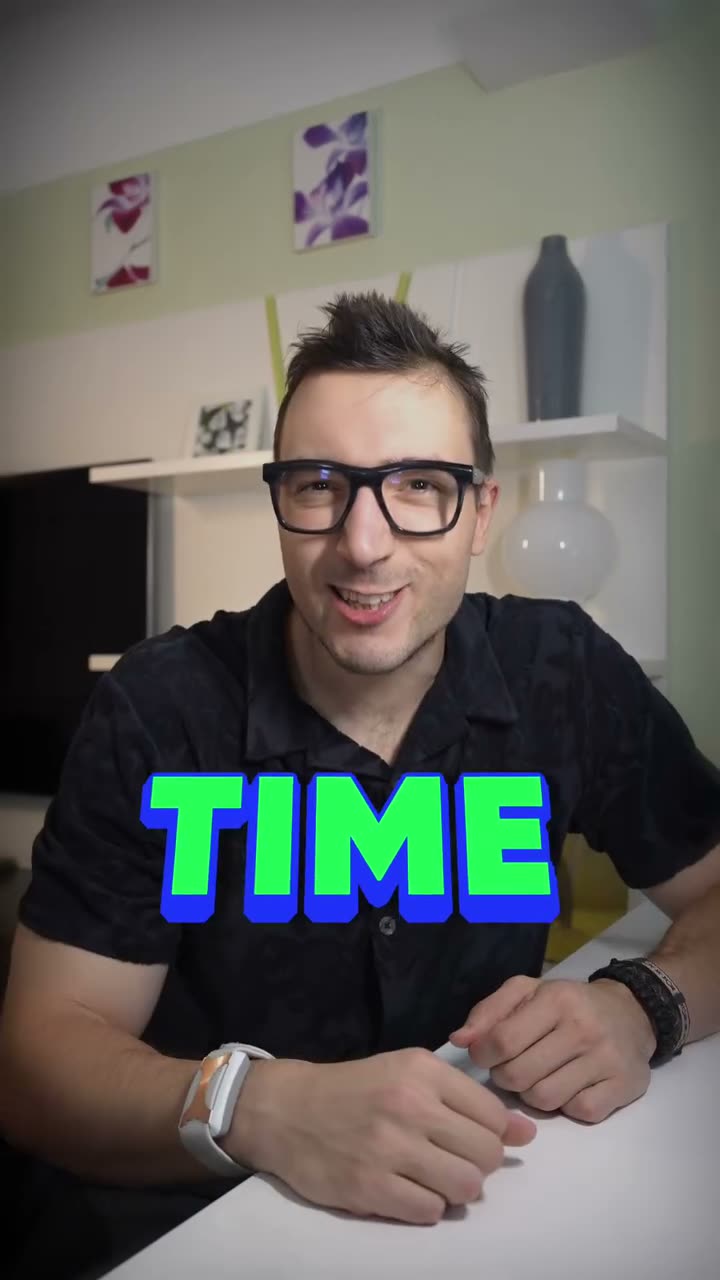 A finished vertical promo: a giant animated TIME caption over the editor talking, smash-cutting to a grid of client work.